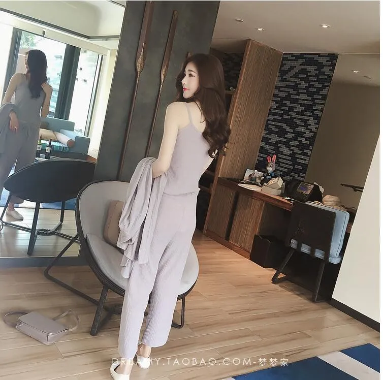 2021 Women Casual Loose 3 Pieces Set Knitted Pullover Sweaters Tops Deep V-Neck Long Sleeve Sweatshi