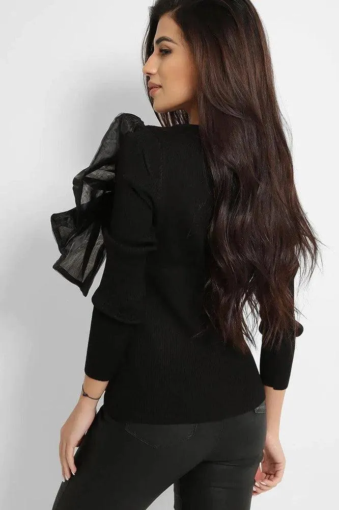 All Black Large Organza Bow Rib Knit Pullover