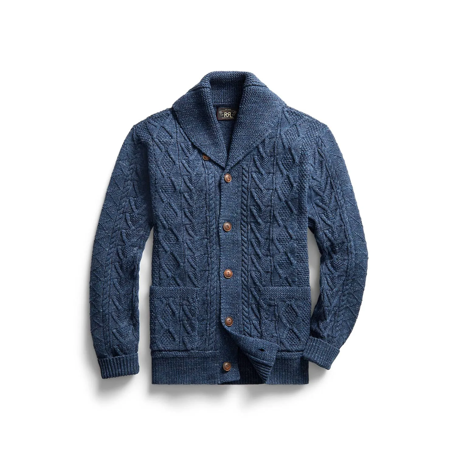 Aran-Knit Cotton Cardigan Navy Heather