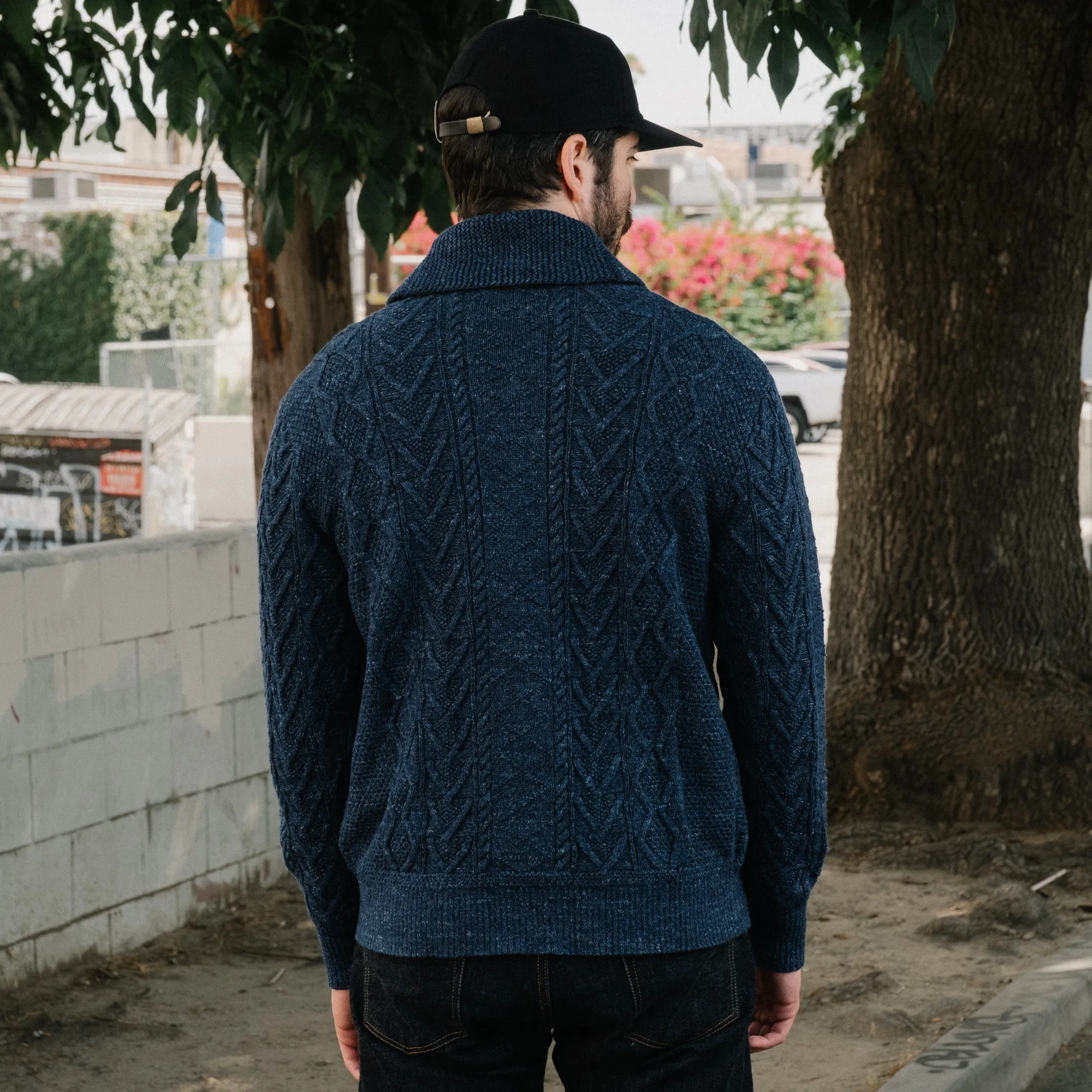 Aran-Knit Cotton Cardigan Navy Heather