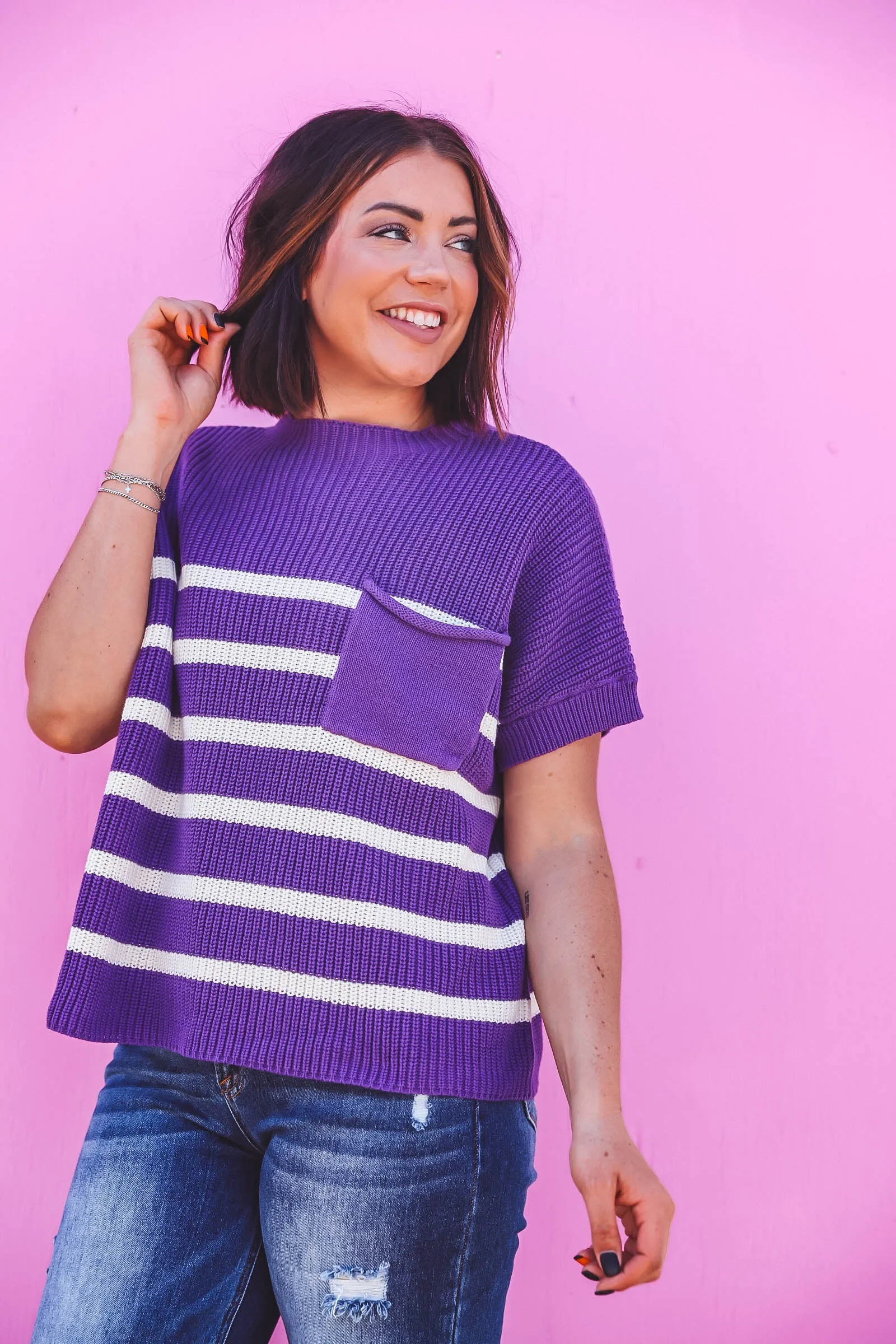 Bailey Striped Knit Top-Purple