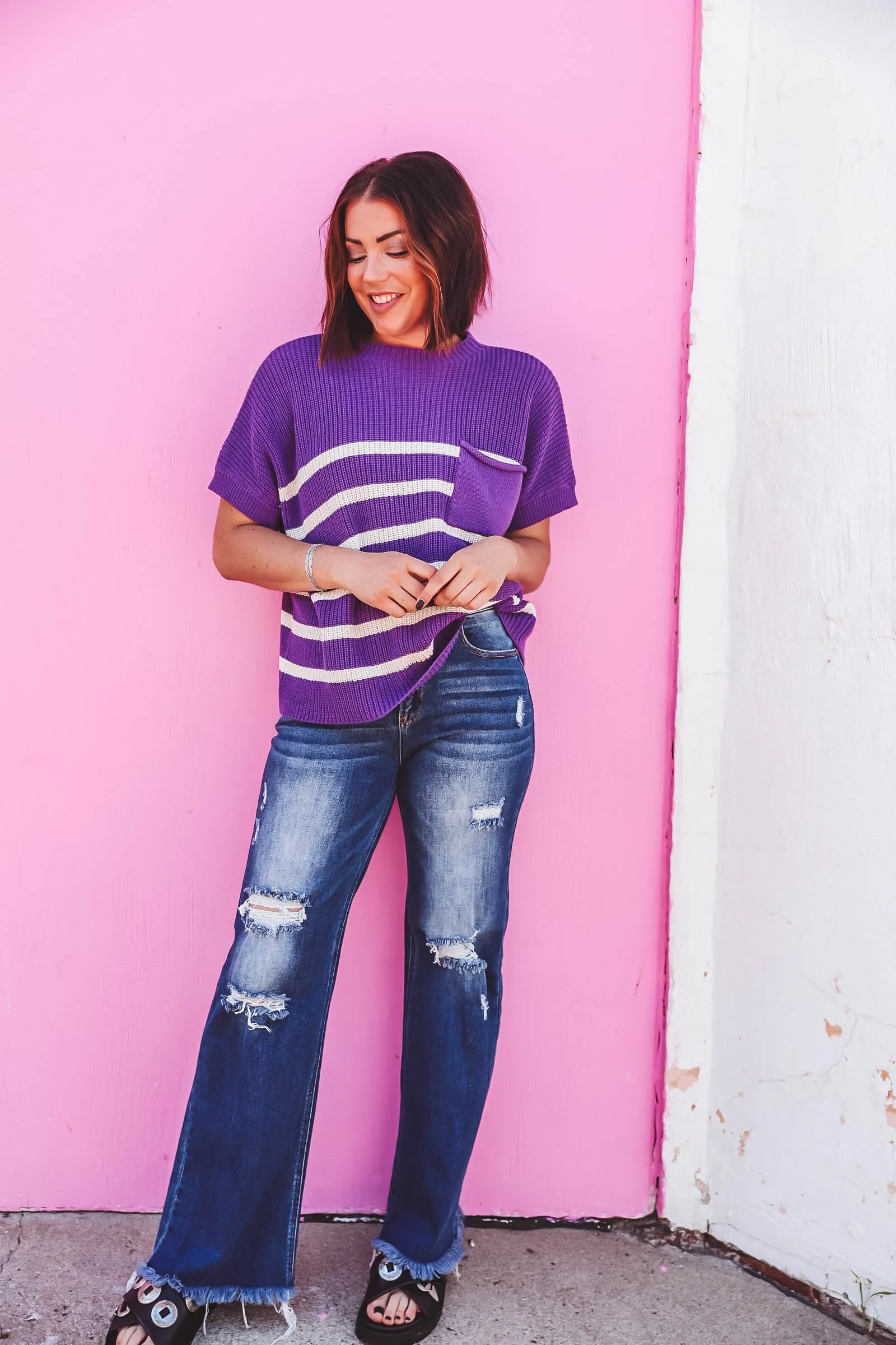 Bailey Striped Knit Top-Purple