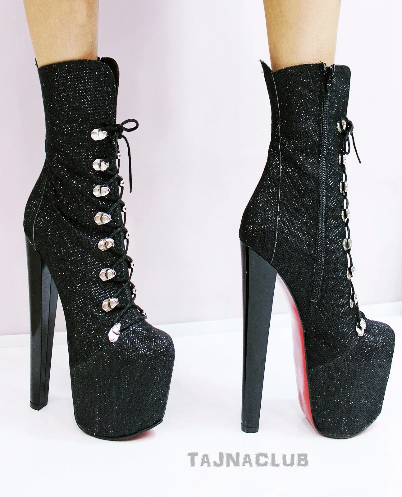 Black Glitter Lace Up High Heel Platform Boots