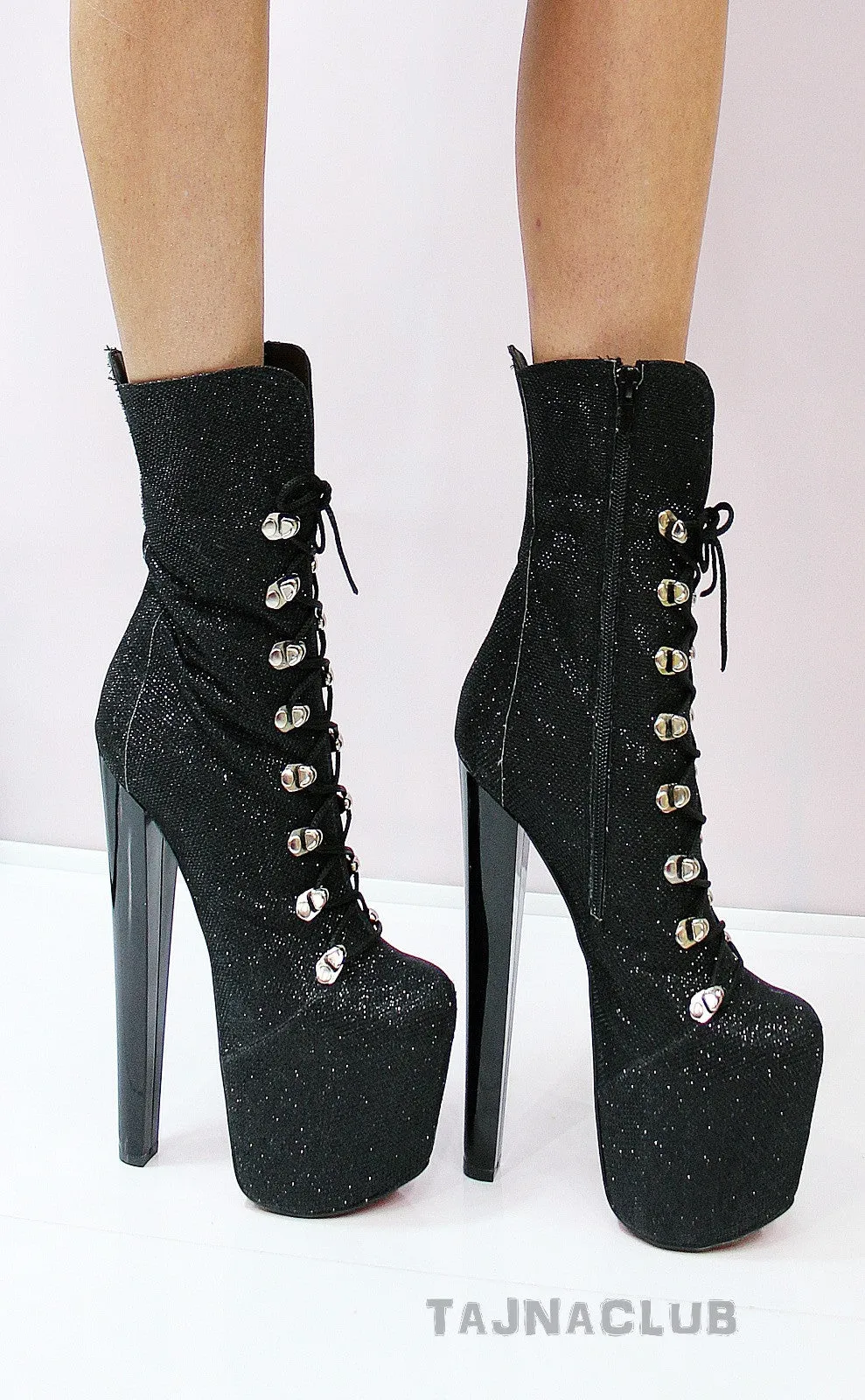 Black Glitter Lace Up High Heel Platform Boots