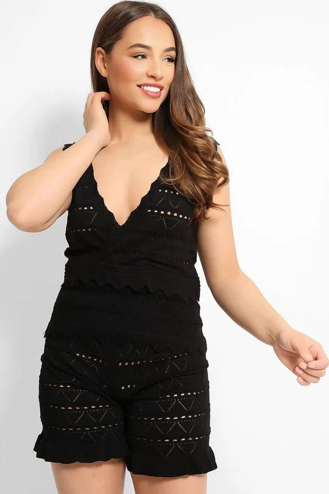 Black Perforated Knit Sleeveless Top Shorts Set