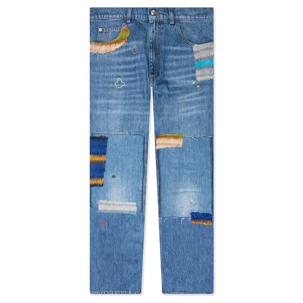 Blue Organic Denim With Mohair Patches - Iris Blue