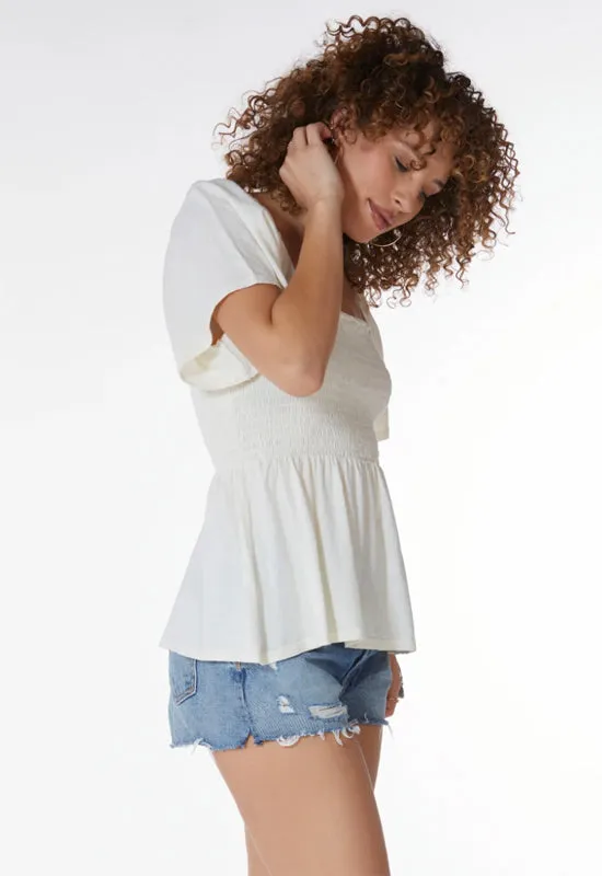 Bobi - Short Sleeve Square Neck Smocked Tee Macadamia