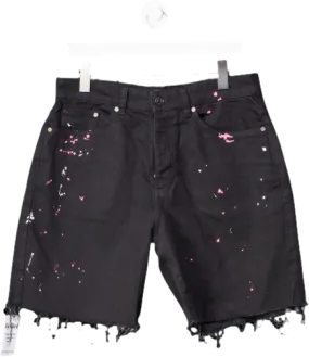 boohooMan Black Paint Splattered Denim Short With Frayed Hem W32