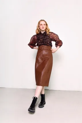 Brown-Pu Belted Midi-Skirt