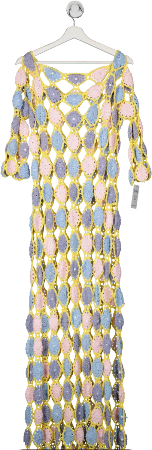 Celia B Yellow Long Patterned Pastel Crochet Dress With Split Sides UK L