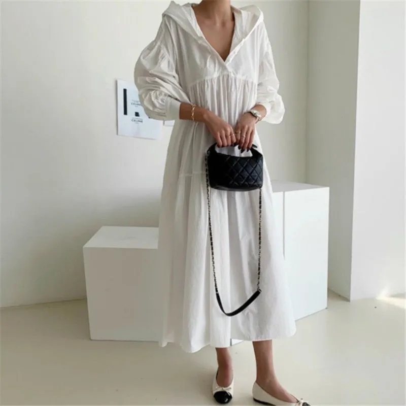 Christmas Gift Deanwangkt early spring simple solid cascading pleated hoodies down solid long dress simple classic retro temreprament dress Deanwangkt new