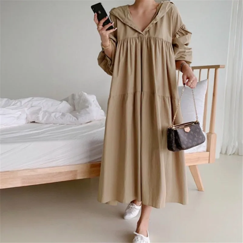 Christmas Gift Deanwangkt early spring simple solid cascading pleated hoodies down solid long dress simple classic retro temreprament dress Deanwangkt new