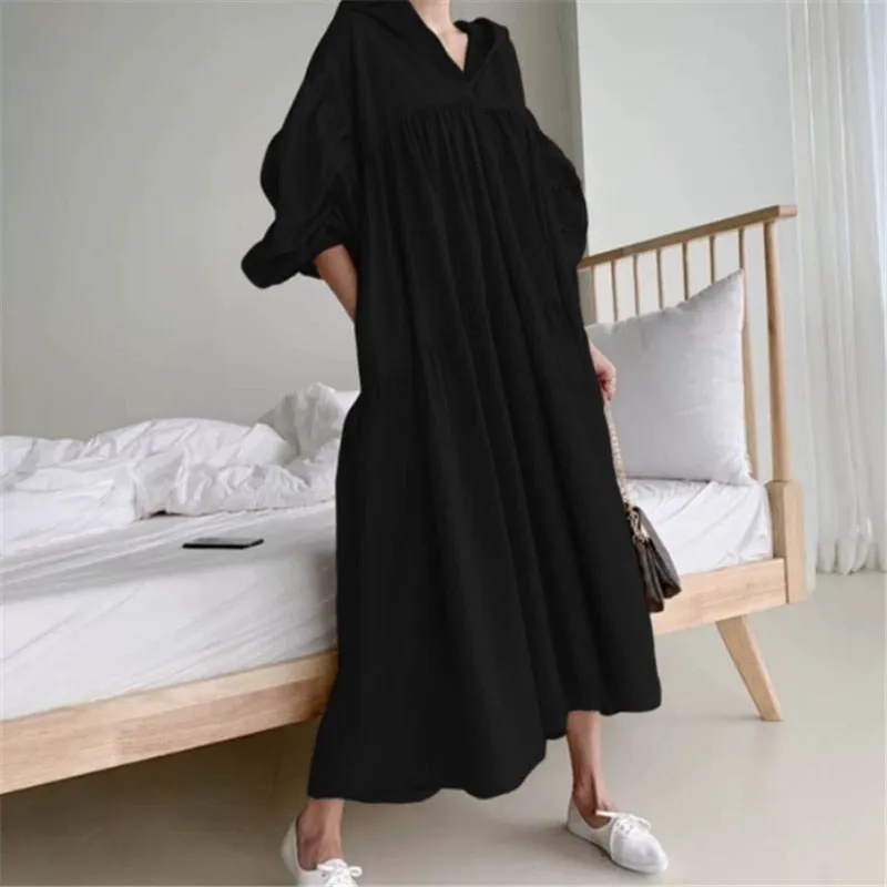 Christmas Gift Deanwangkt early spring simple solid cascading pleated hoodies down solid long dress simple classic retro temreprament dress Deanwangkt new