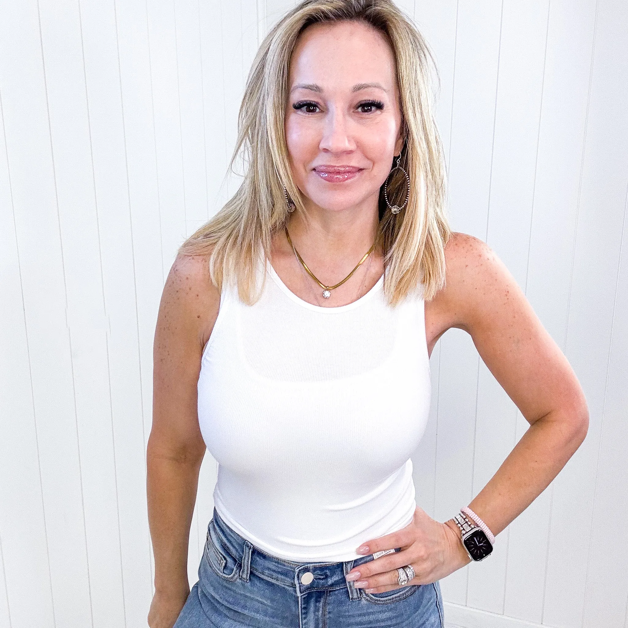 Cropped Ribbed Knit Tank Top in White