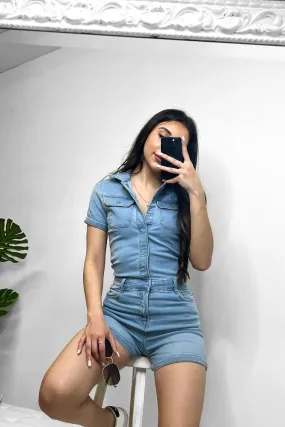 Denim Popper Buttons Playsuit