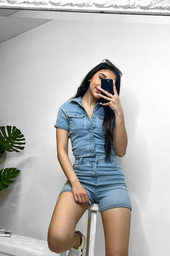 Denim Popper Buttons Playsuit