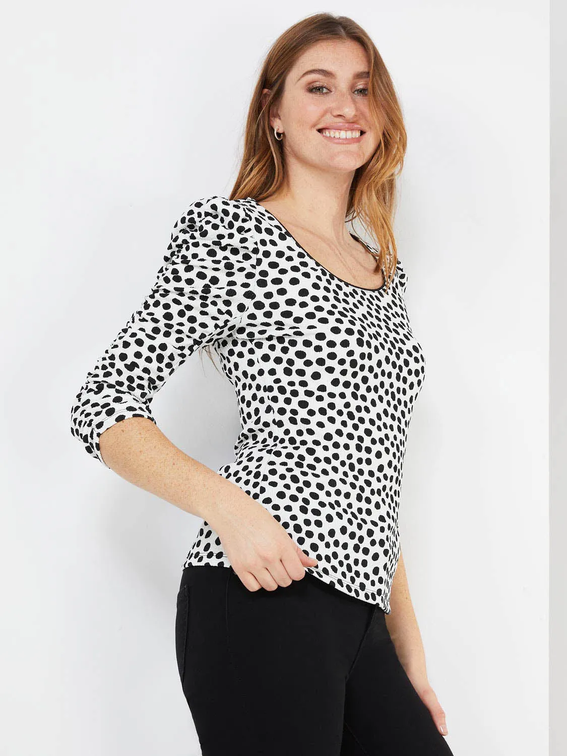 Dot Print Puff Sleeve Top