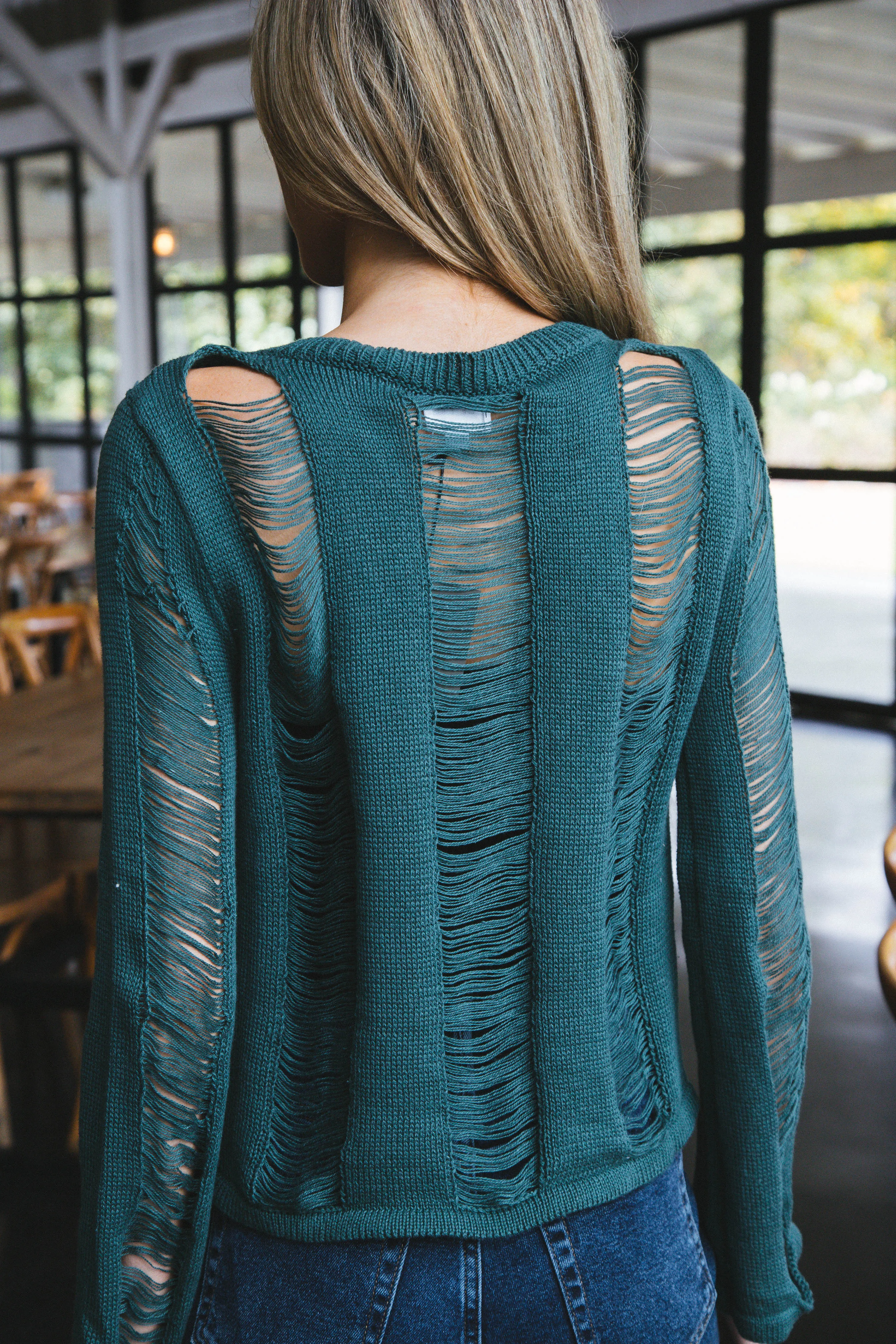 Edith Boat Neck Distressed Sweater, Dark Green