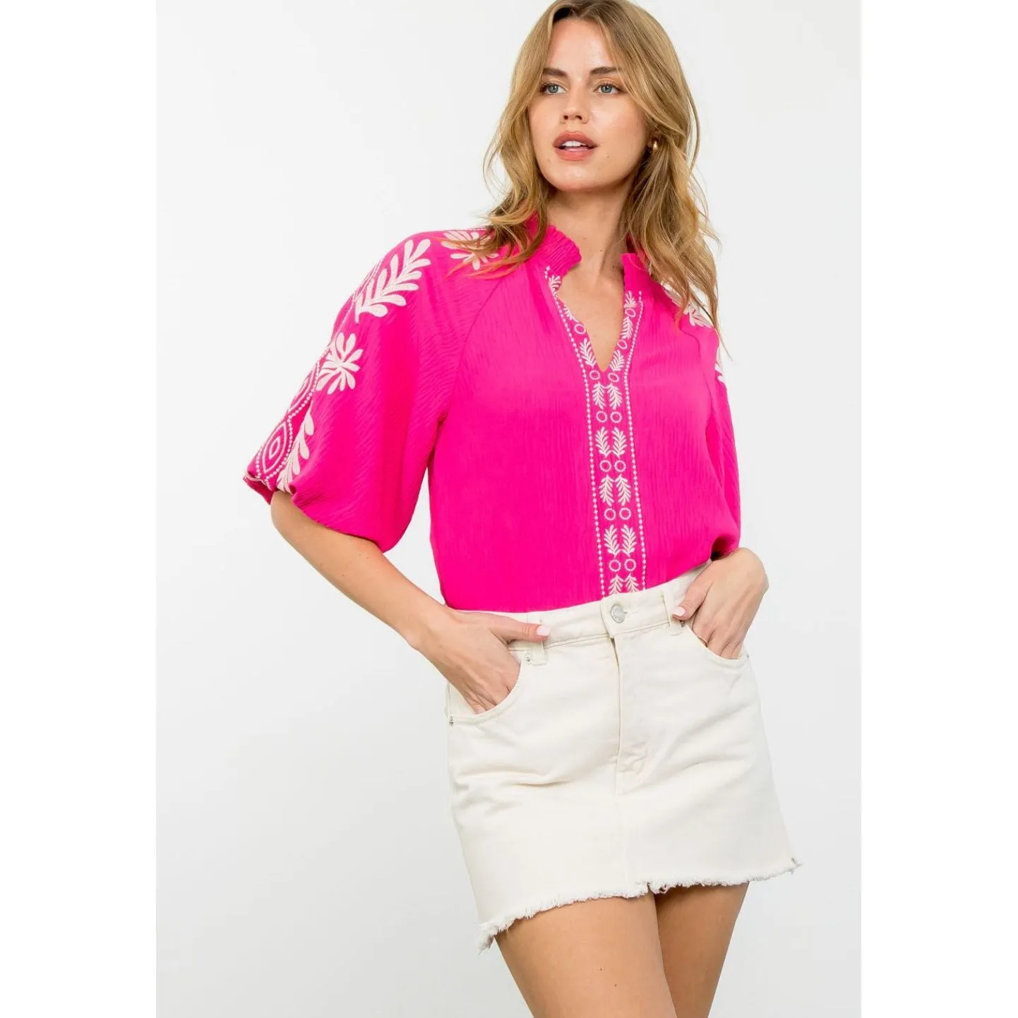 Ellie Pink Embroidered Puff Sleeve THML Top