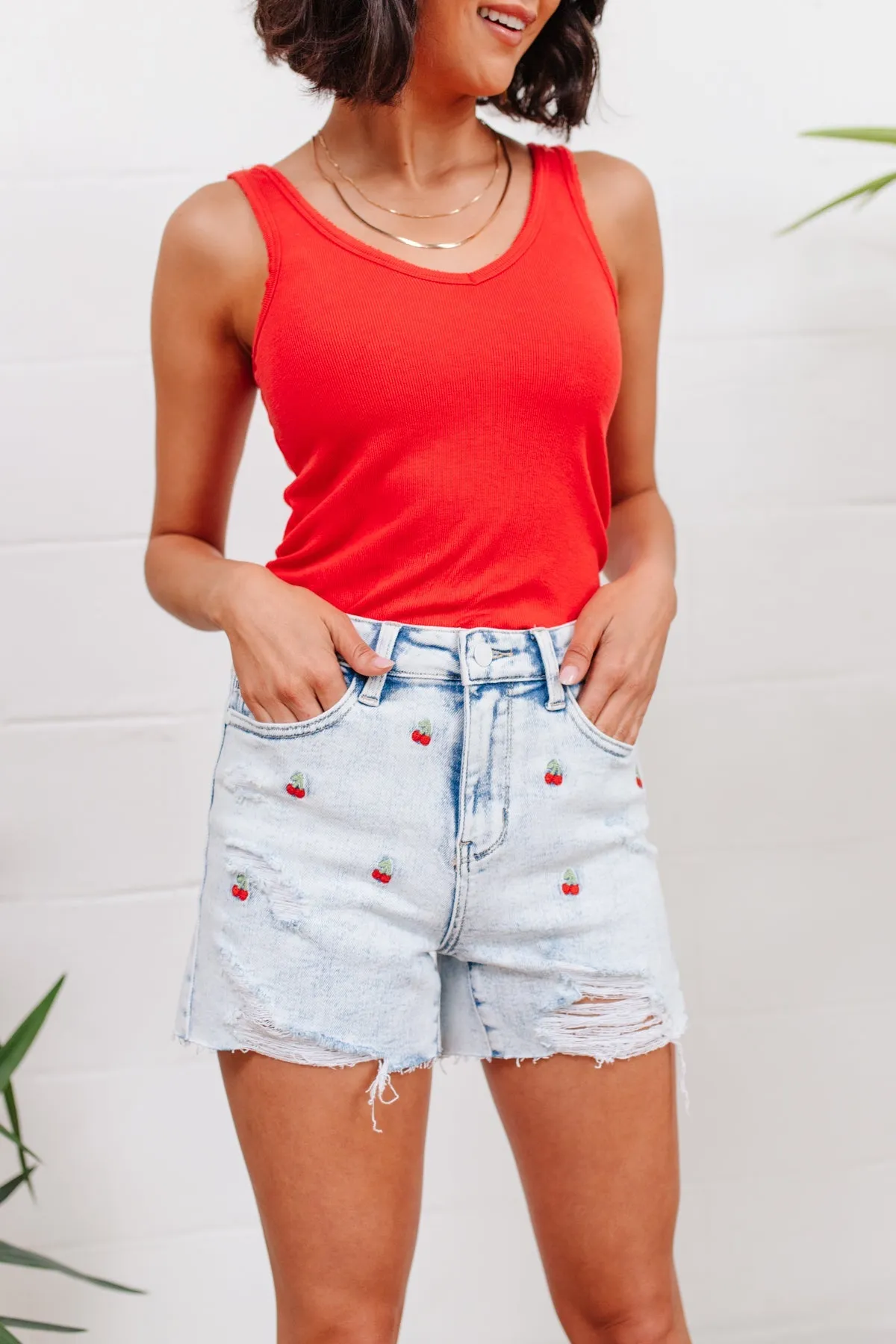 Hi-Waisted Cherry Acid Wash Judy Blue Cutoff Shorts