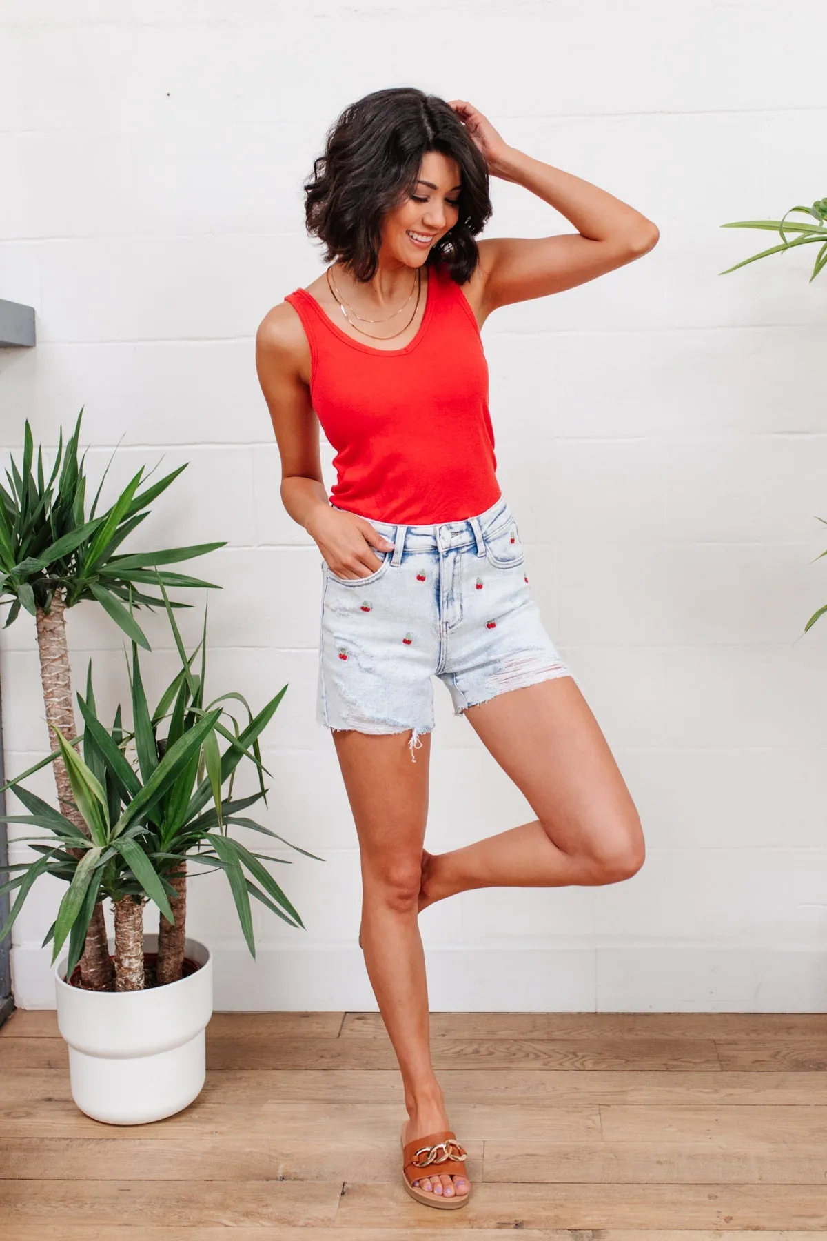 Hi-Waisted Cherry Acid Wash Judy Blue Cutoff Shorts