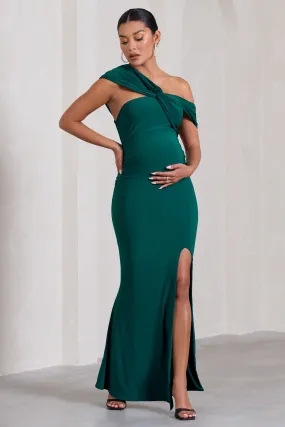 Kara | Bottle Green Asymmetric Twisted Bardot Split Maternity Maxi Dress