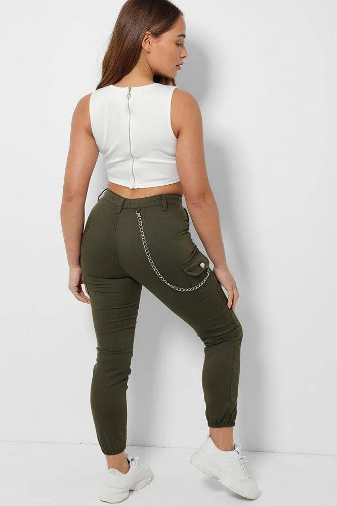 Khaki Chain High-Rise Stretchy Denim Cargo Jeans