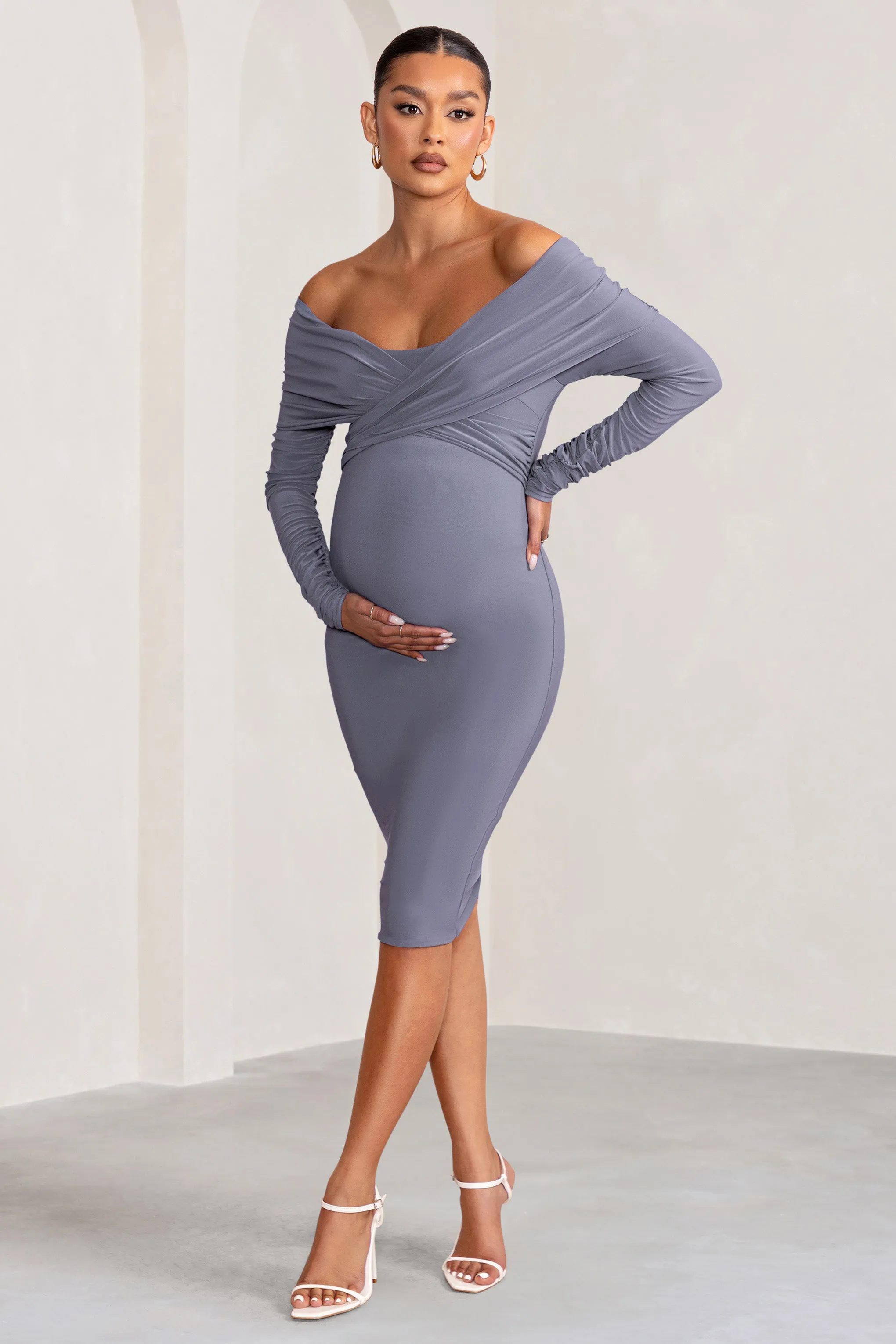 Little Star | Dove Grey Maternity Twist Front Midi Dress