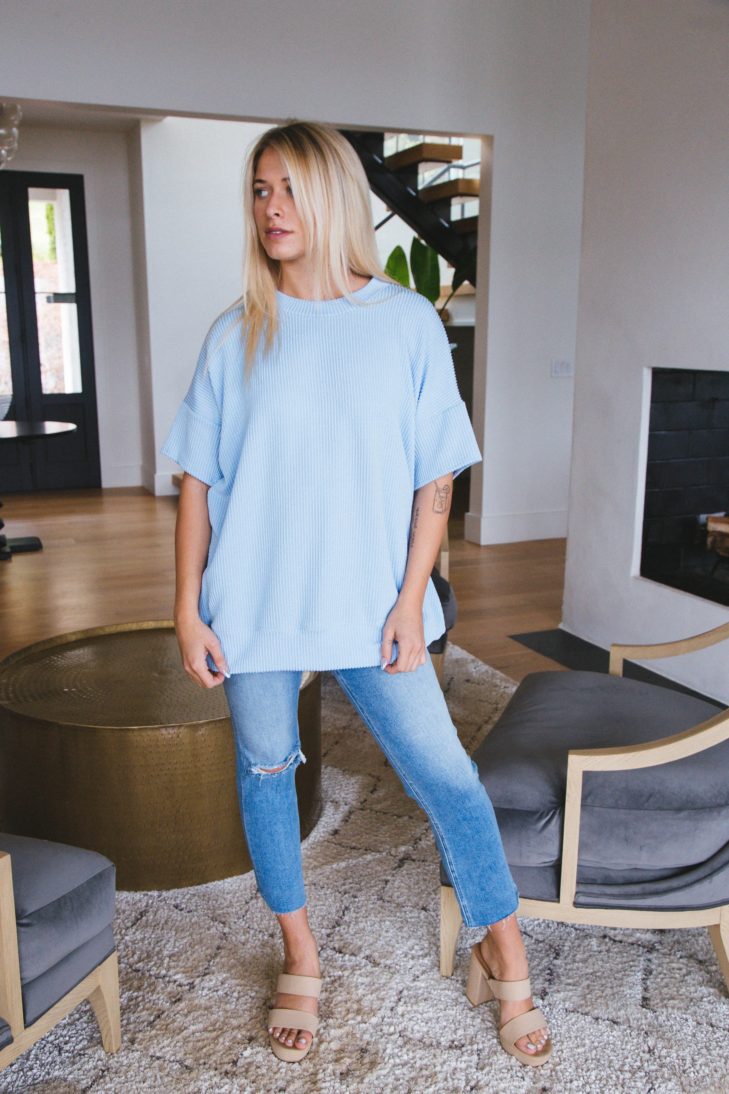 Maya Oversized Wave Rib Top, Powder Blue