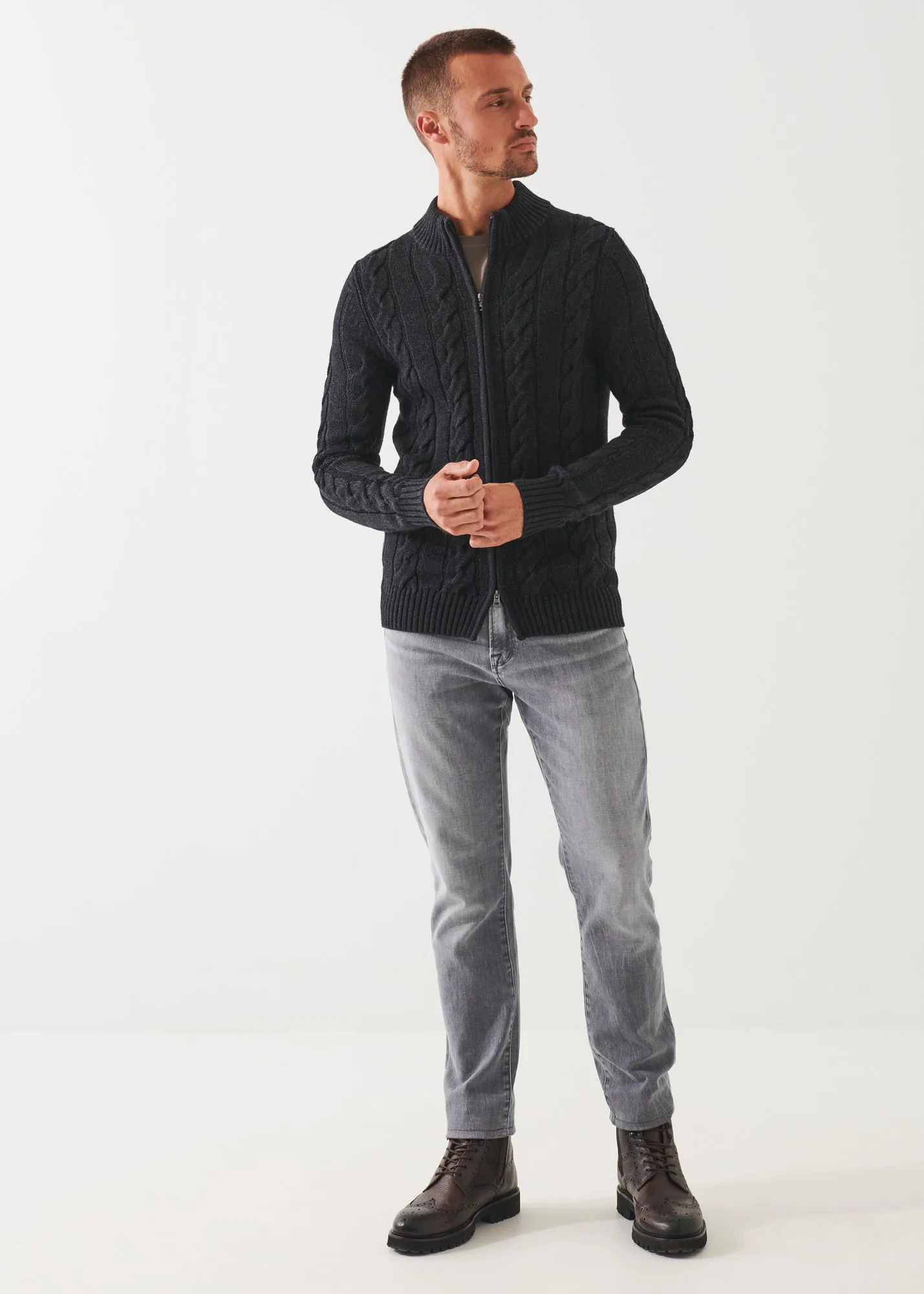 MERINO CABLE KNIT ZIP CARDIGAN