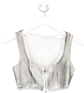 Nasty Gal Grey Distressed Metallic Coated Denim Corset Top UK 8