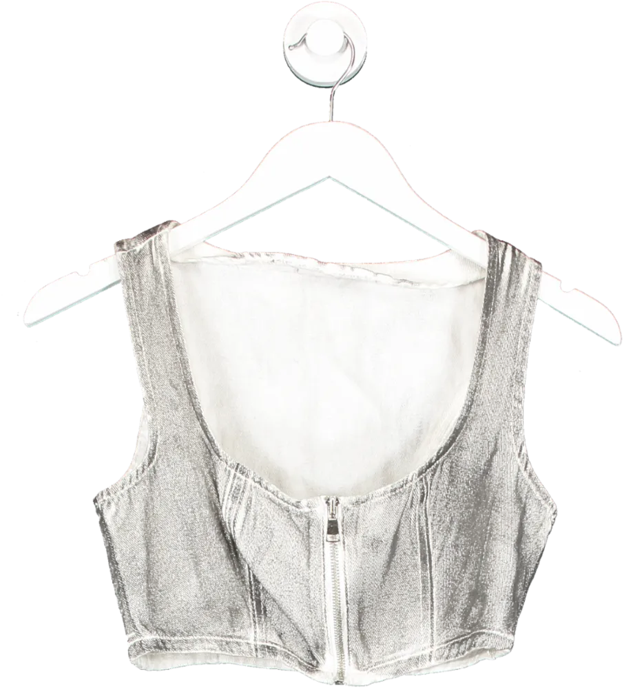 Nasty Gal Grey Distressed Metallic Coated Denim Corset Top UK 8