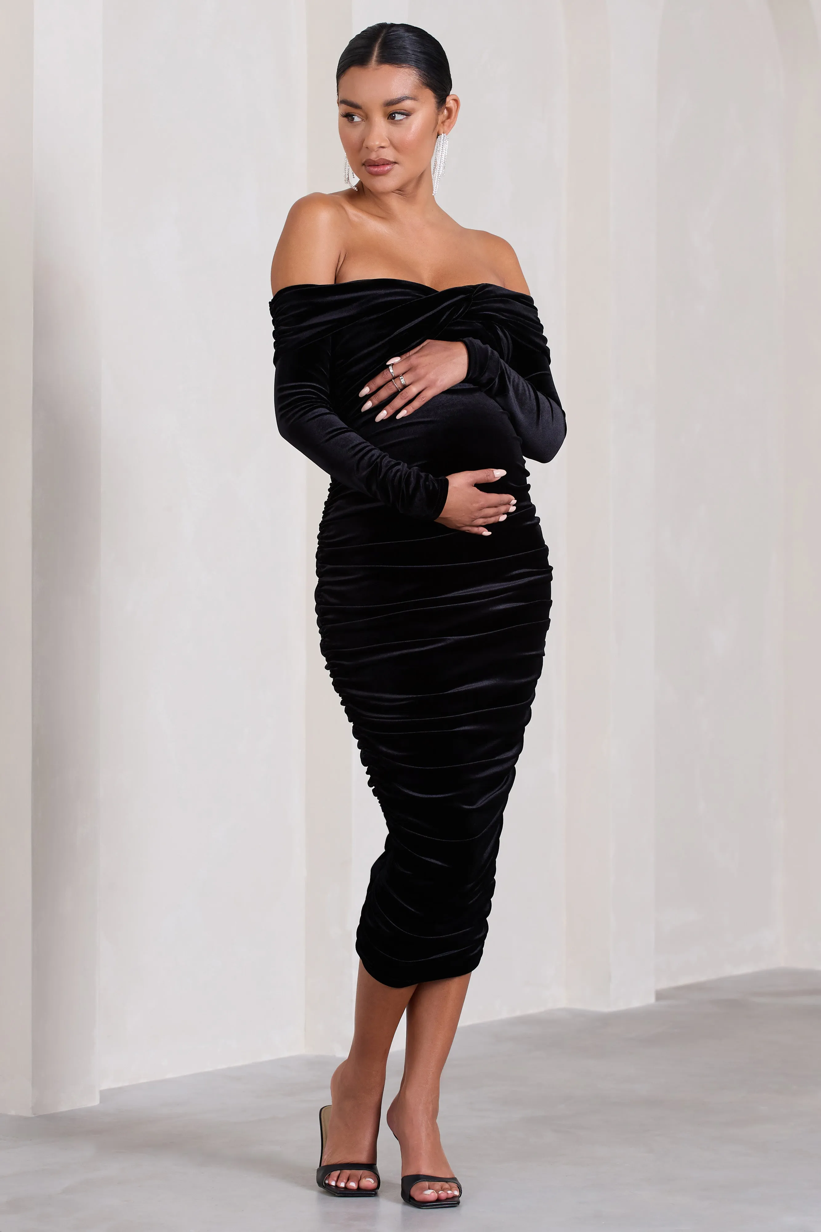 Neva | Black Velvet Maternity Bardot Twist Maternity Midi Dress