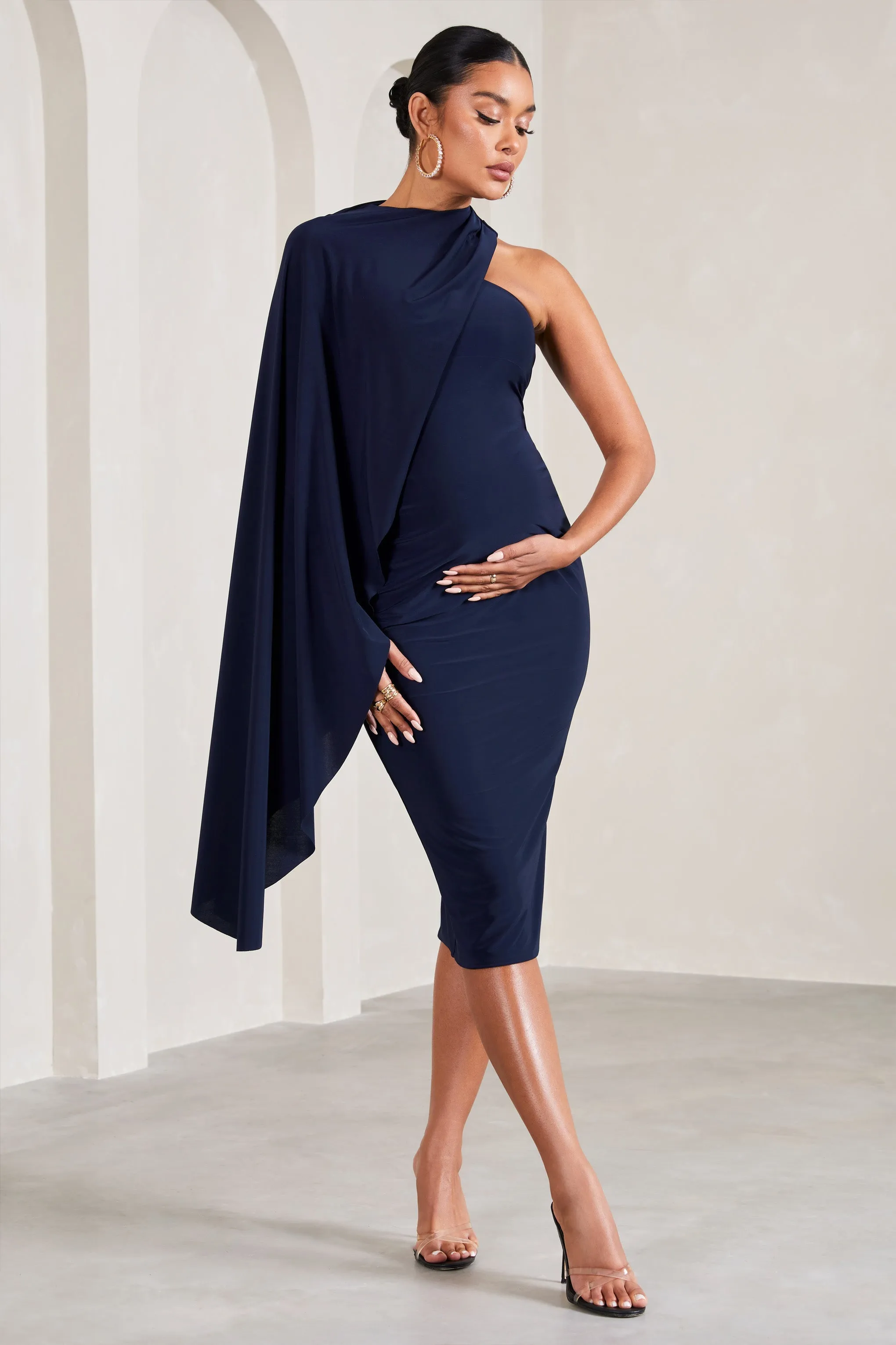 New Chapter | Navy Asymmetric Maternity Midi Dress With Cape