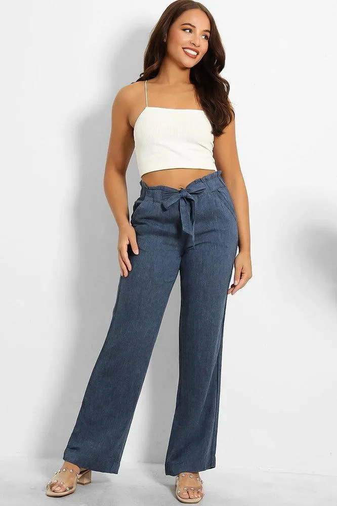 Paper Bag Waist Linen Blend Wide Leg Trousers