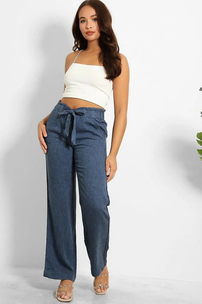 Paper Bag Waist Linen Blend Wide Leg Trousers