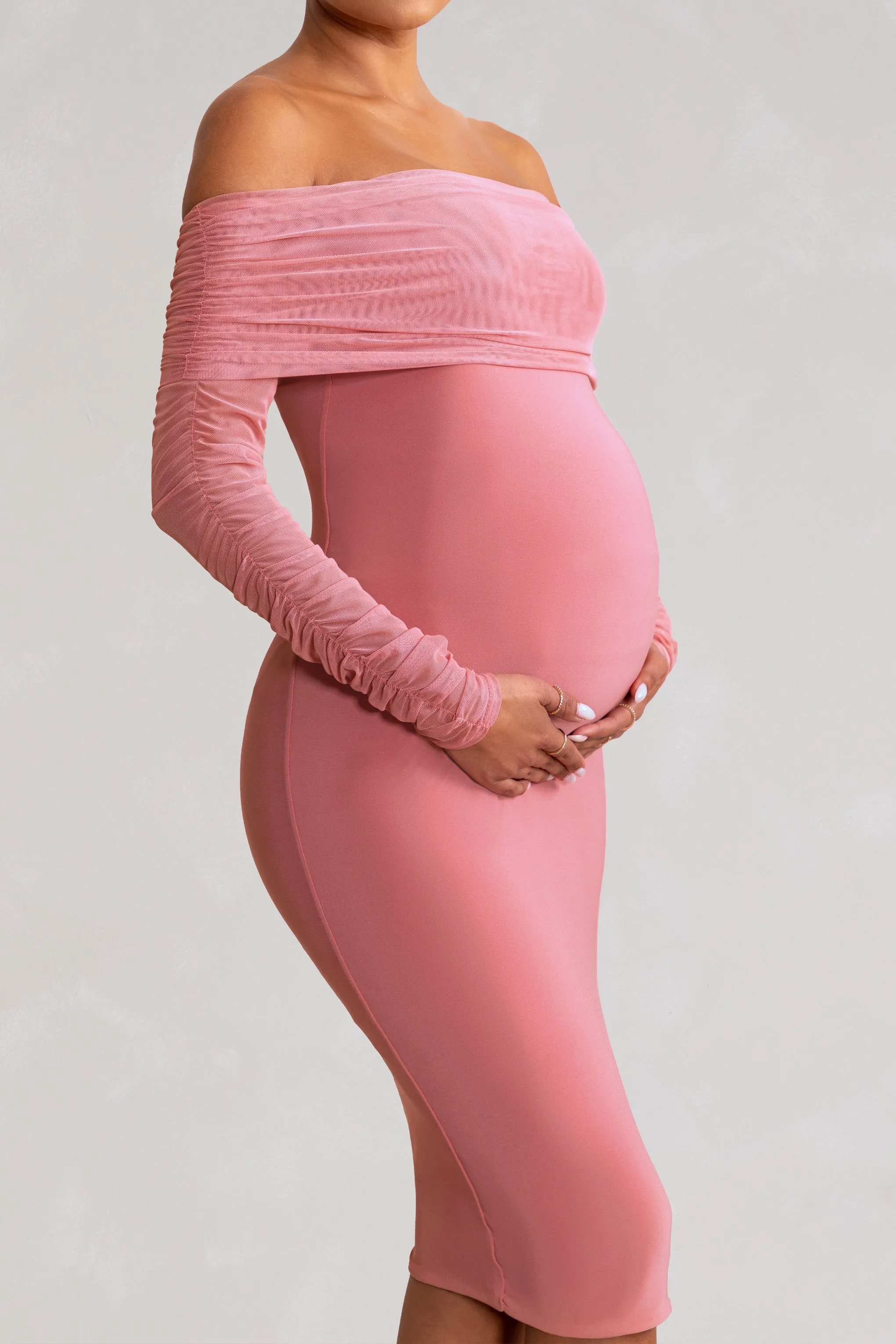 Patiently Waiting | Blush Pink Maternity Ruched Mesh Bardot Midi Dress