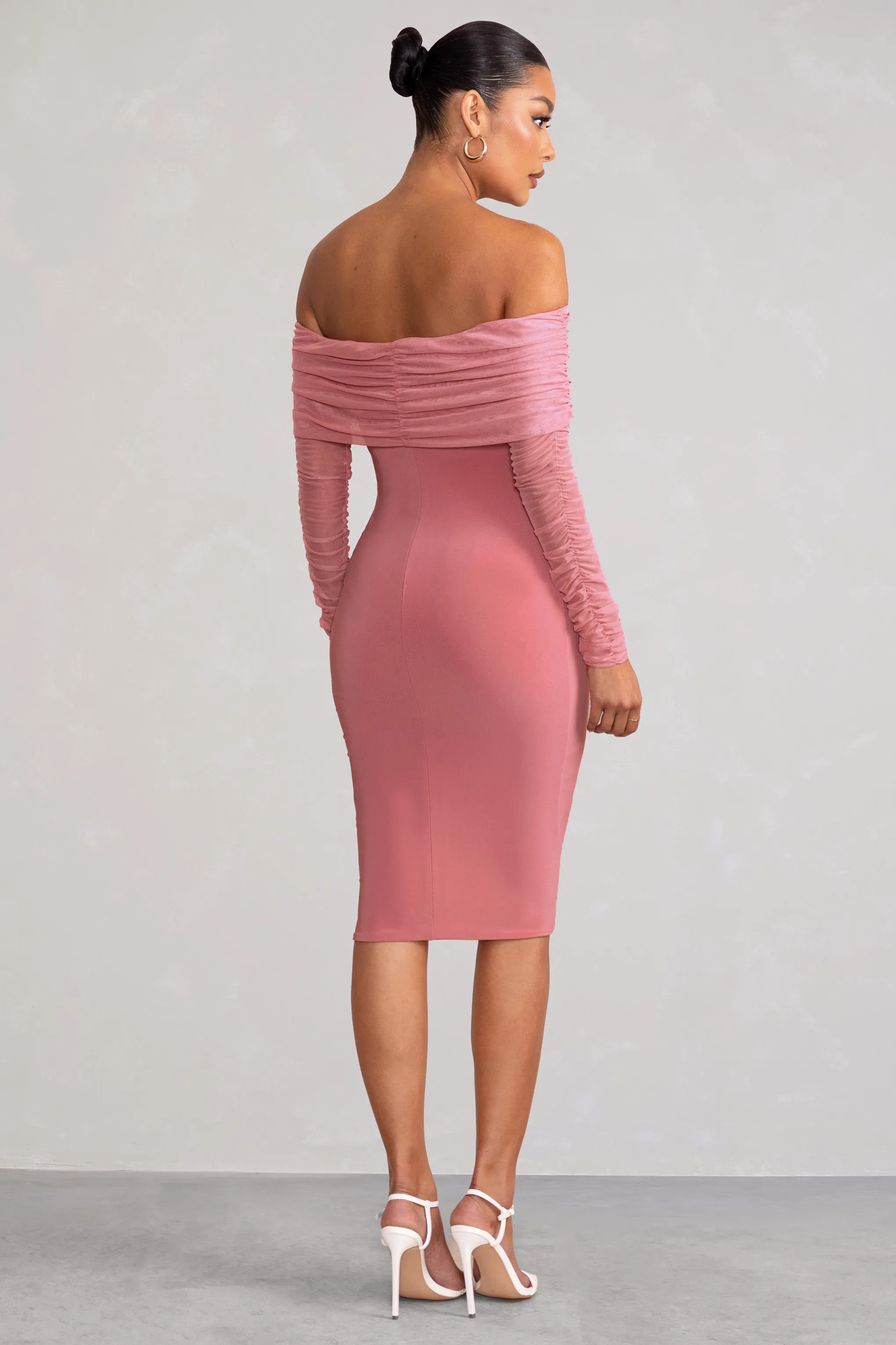 Patiently Waiting | Blush Pink Maternity Ruched Mesh Bardot Midi Dress