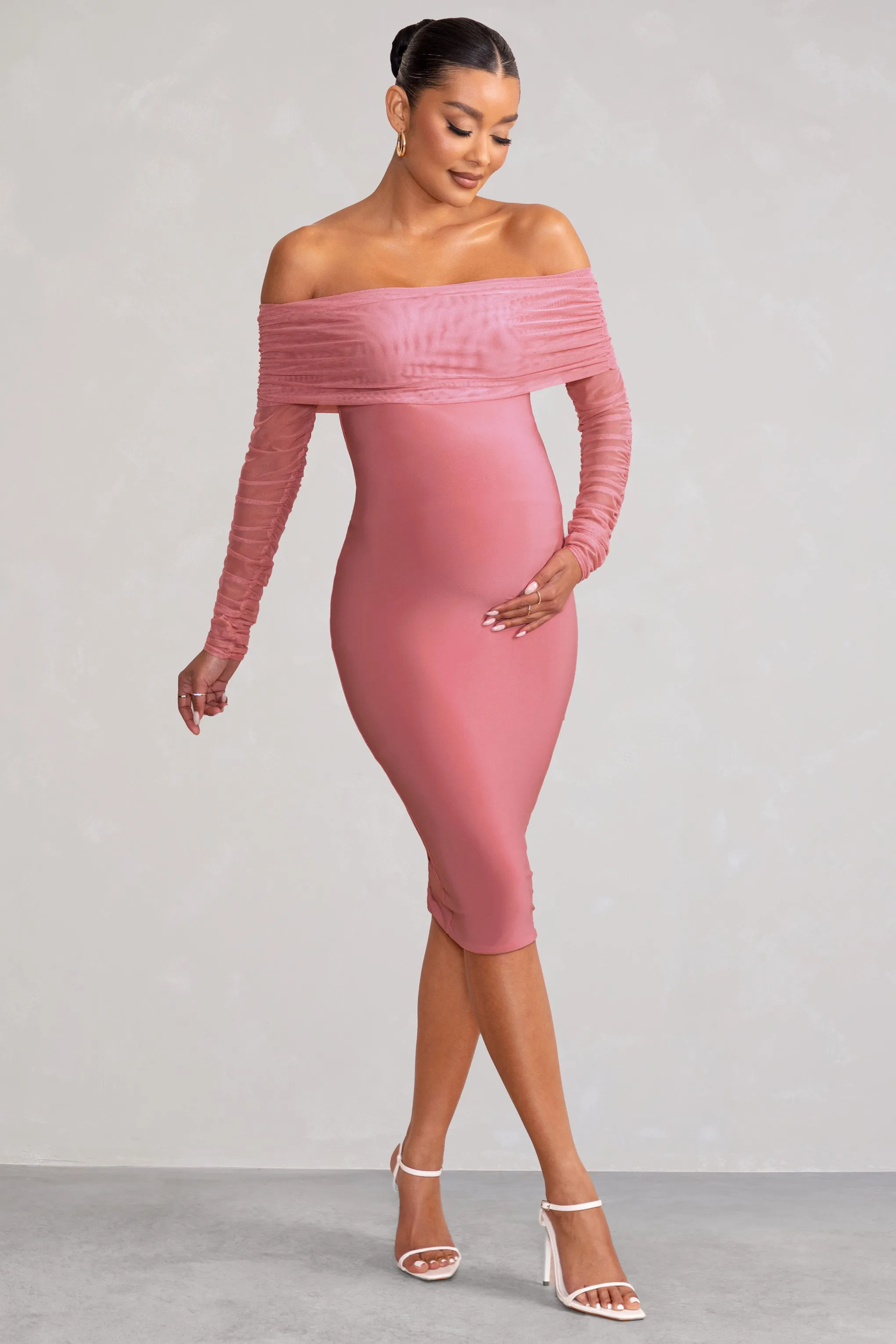 Patiently Waiting | Blush Pink Maternity Ruched Mesh Bardot Midi Dress