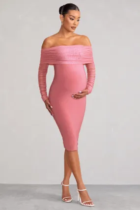 Patiently Waiting | Blush Pink Maternity Ruched Mesh Bardot Midi Dress