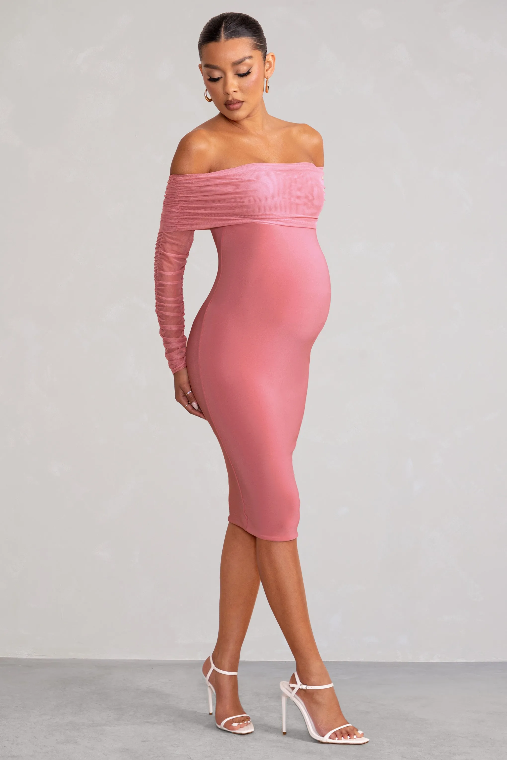 Patiently Waiting | Blush Pink Maternity Ruched Mesh Bardot Midi Dress