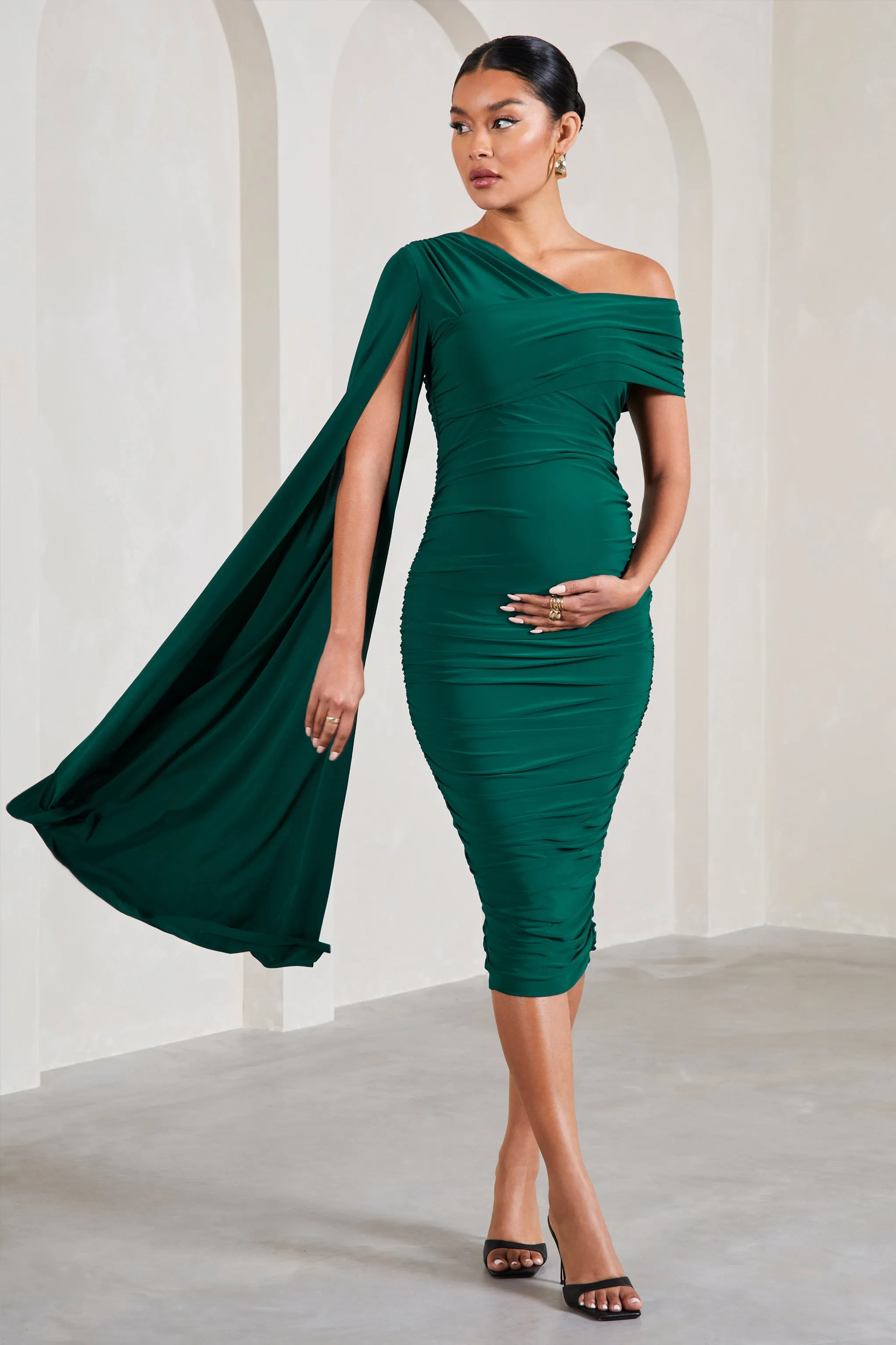 Serenity | Bottle Green Ruched Asymmetric Maternity Midi Dress With Cape