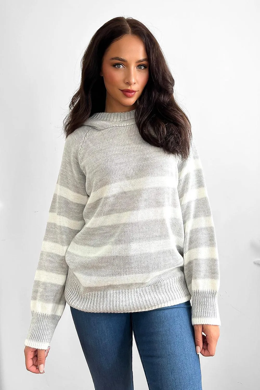 Stripy Knit High Neck Hoodie Jumper