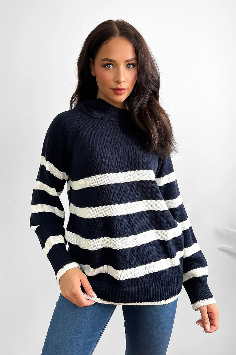 Stripy Knit High Neck Hoodie Jumper