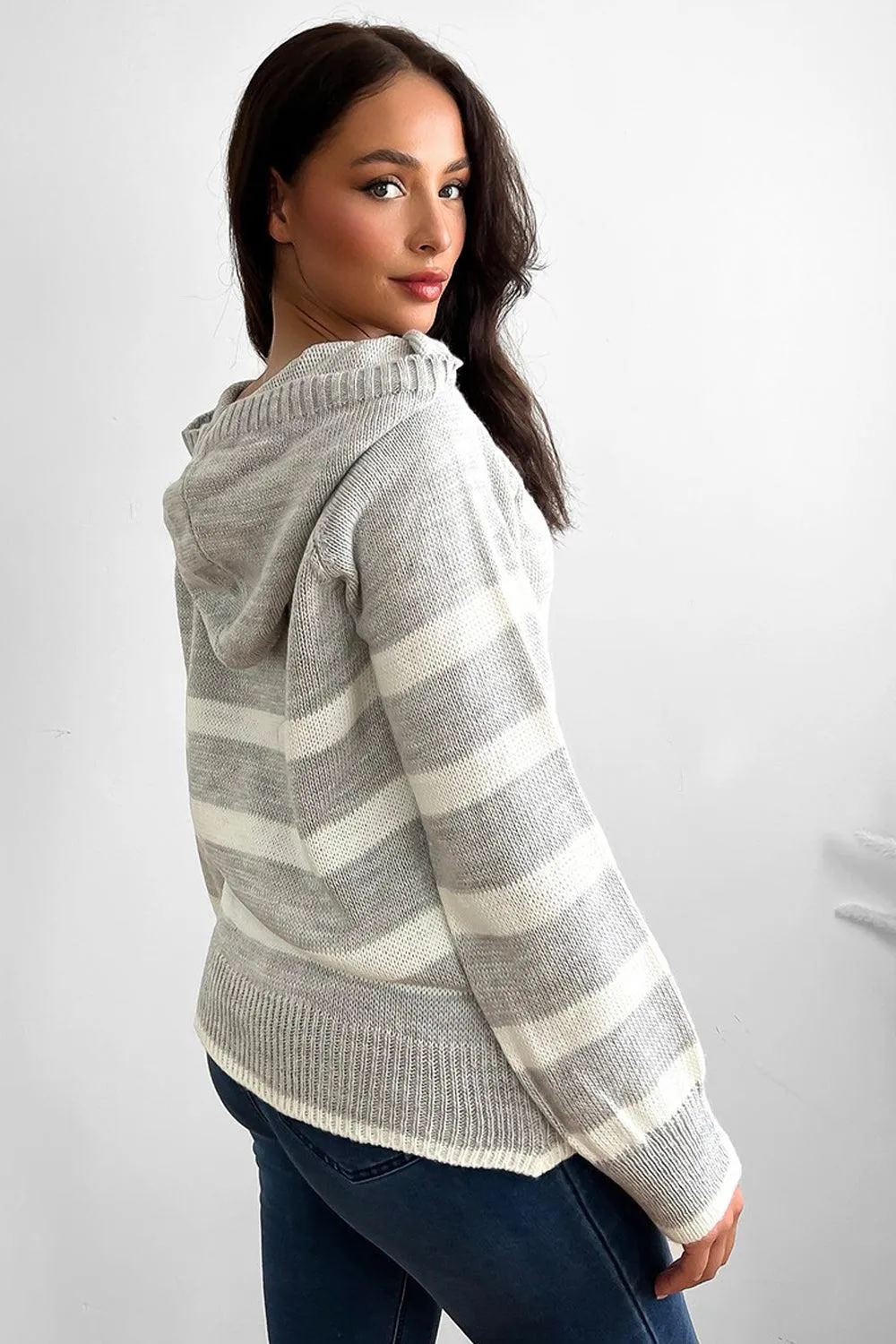 Stripy Knit High Neck Hoodie Jumper