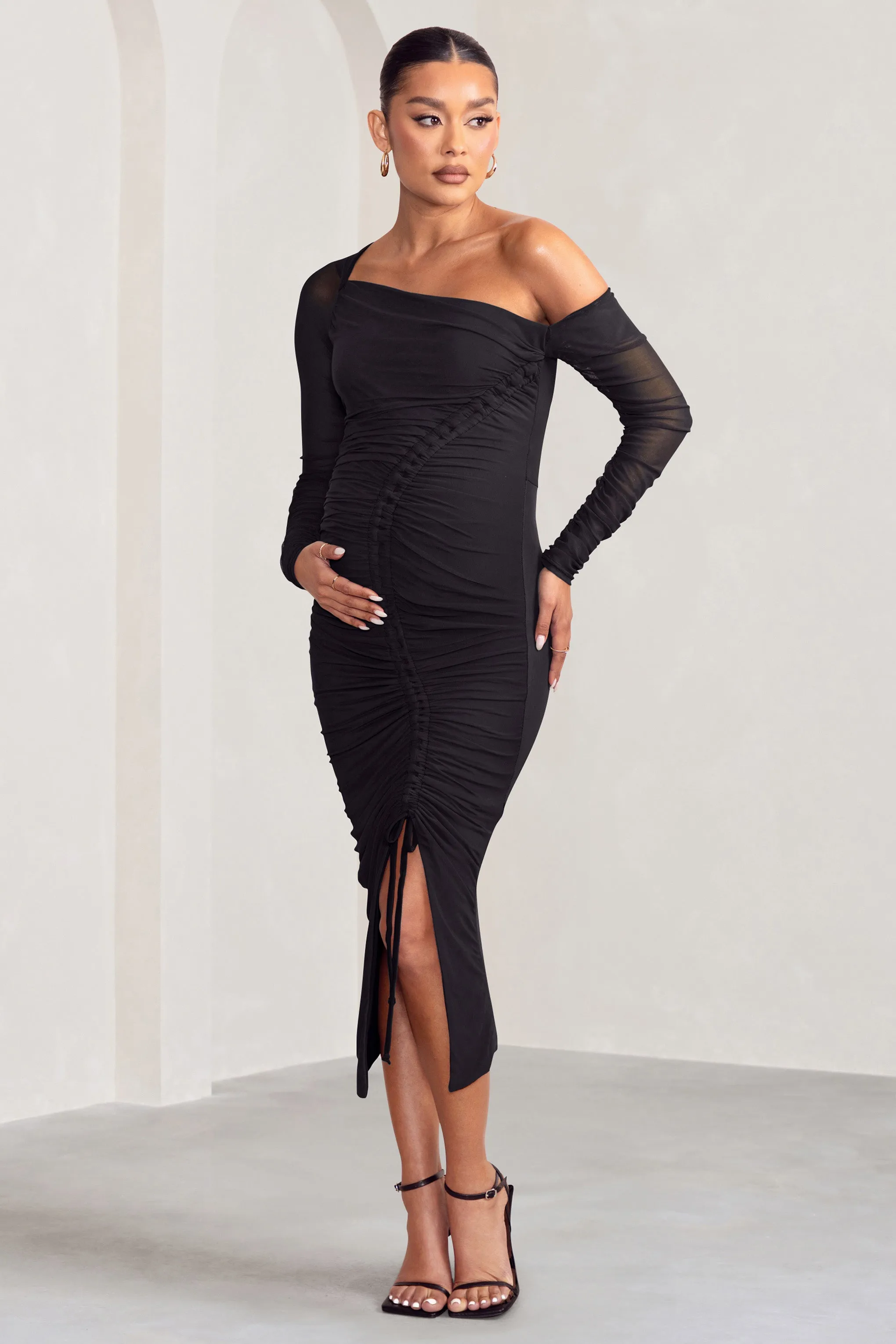 Sweet Dreams | Black Maternity Asymmetric Ruched Midi Dress