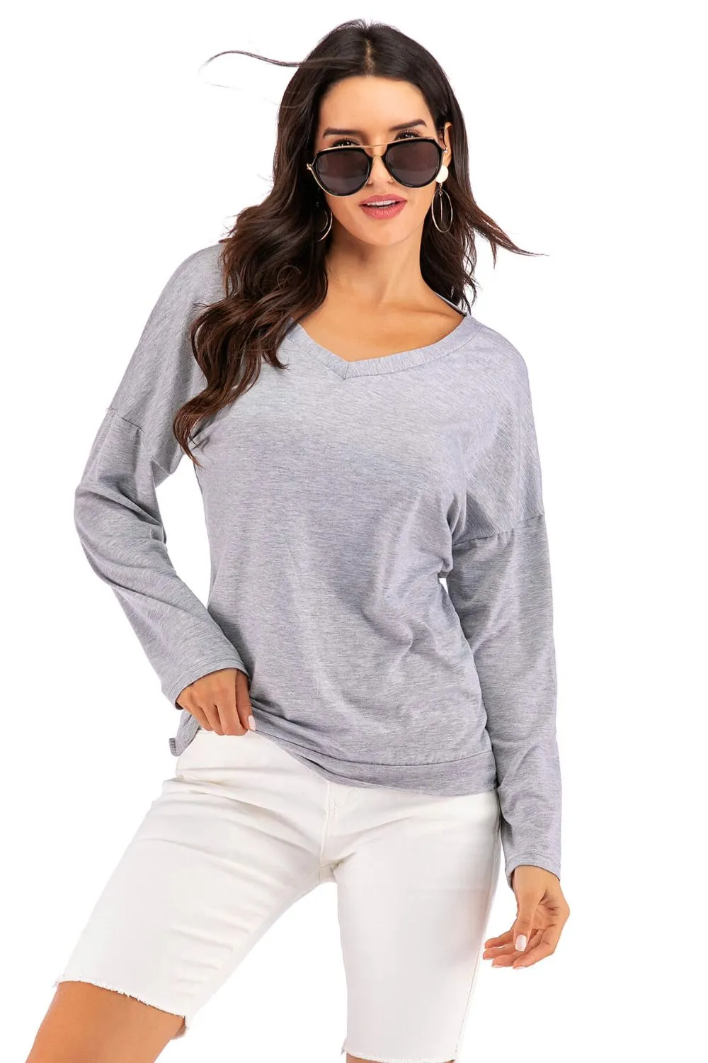 V-Neck Drop Shoulder Open Back Sweater