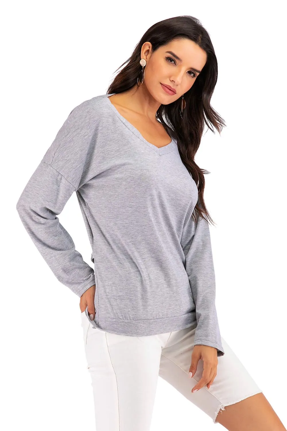 V-Neck Drop Shoulder Open Back Sweater