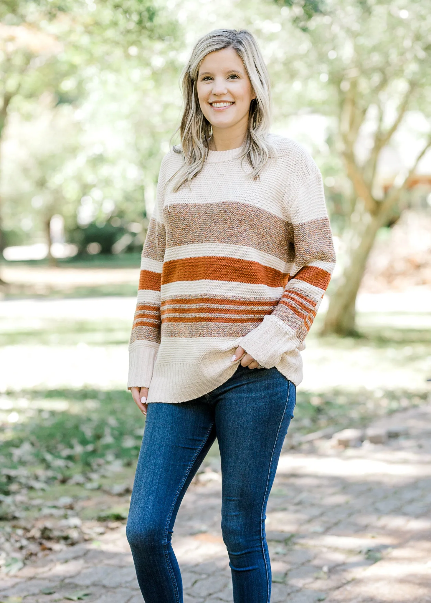 X Brown and Rust Striped Cream Sweater